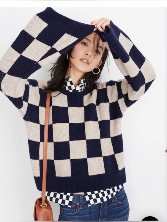 Madewell Sweaters - Madewell Cardiff Checkerboard Crewneck Sweater Navy/Tan Size Small